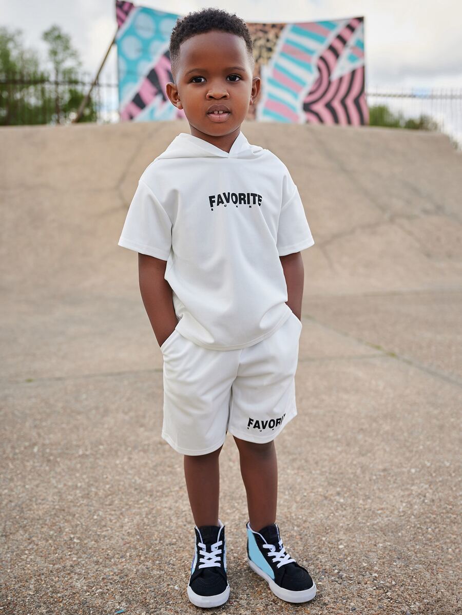 SHEIN Young Boy Letter Graphic Hooded Neck Tee & Slant Pocket Shorts - White - View 1