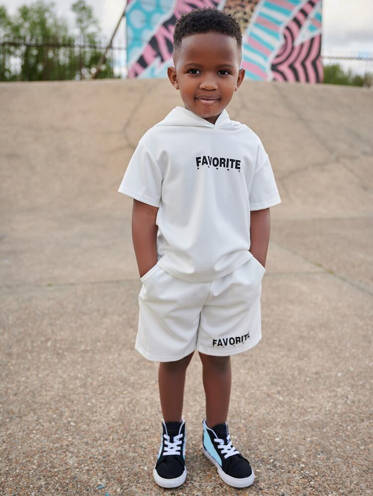 SHEIN Young Boy Letter Graphic Hooded Neck Tee & Slant Pocket Shorts - White - View 3