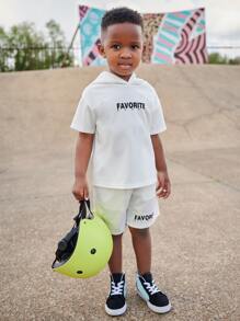 SHEIN Young Boy Letter Graphic Hooded Neck Tee & Slant Pocket Shorts - White - View 6