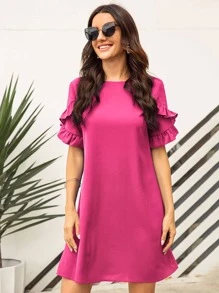 SHEIN LUNE Solid Ruffle Trimed Tunic Dress - Hot Pink - View 1