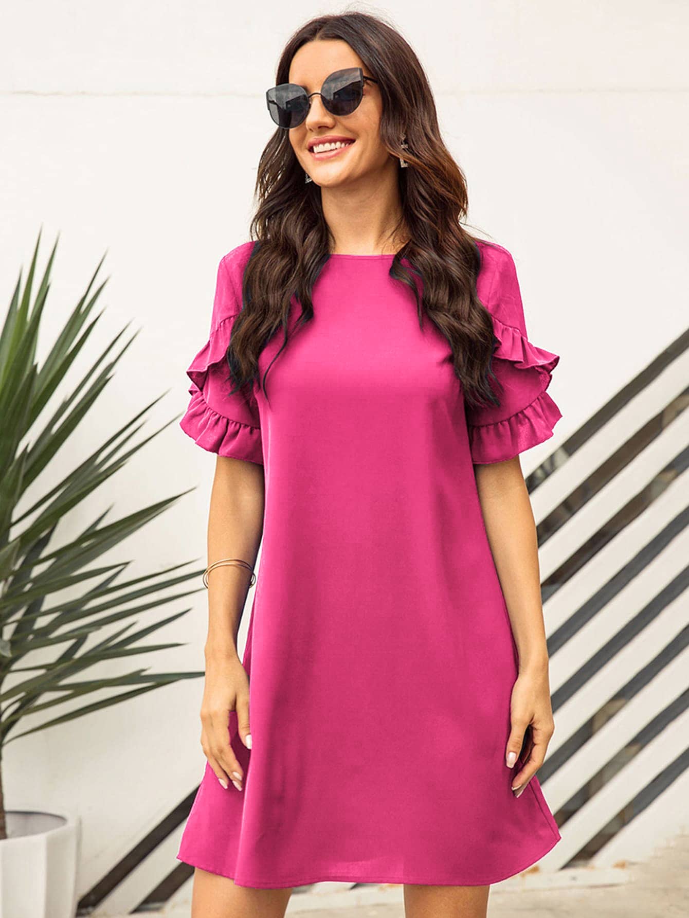 SHEIN LUNE Solid Ruffle Trimed Tunic Dress - Hot Pink - View 1