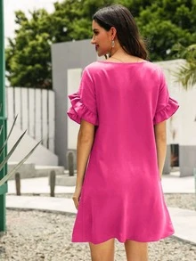 SHEIN LUNE Solid Ruffle Trimed Tunic Dress - Hot Pink - View 2