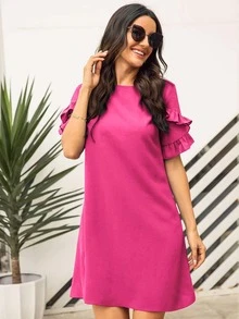 SHEIN LUNE Solid Ruffle Trimed Tunic Dress - Hot Pink - View 4