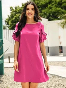 SHEIN LUNE Solid Ruffle Trimed Tunic Dress - Hot Pink - View 5