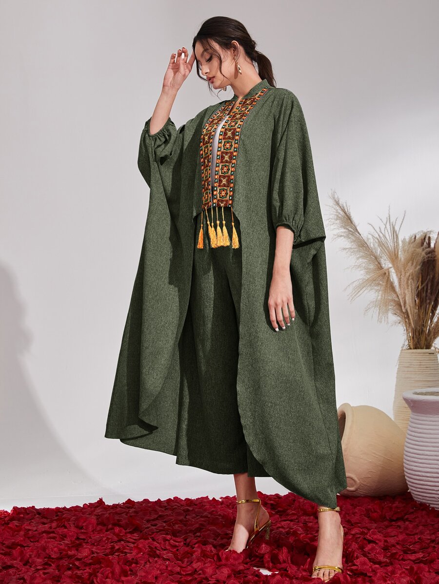 Al Najma 花卉刺绣流苏领带蝙蝠袖前开襟外套和裤子 2 件套 - 墨綠色 - 查看 1