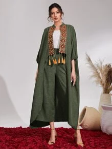 Al Najma 花卉刺绣流苏领带蝙蝠袖前开襟外套和裤子 2 件套 - 墨綠色 - 查看 3