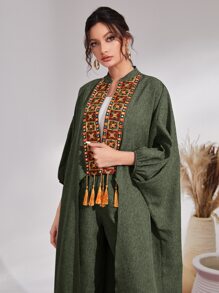 Al Najma 花卉刺绣流苏领带蝙蝠袖前开襟外套和裤子 2 件套 - 墨綠色 - 查看 4