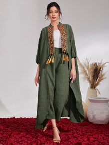 Al Najma 花卉刺绣流苏领带蝙蝠袖前开襟外套和裤子 2 件套 - 墨綠色 - 查看 6
