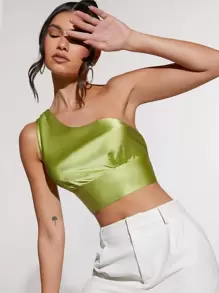 SHEIN BAE 緞面單肩後打結上衣 - 青檸色 - 查看 2