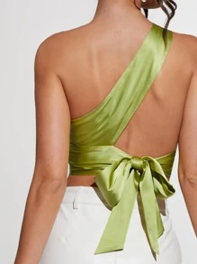 SHEIN BAE 緞面單肩後打結上衣 - 青檸色 - 查看 4