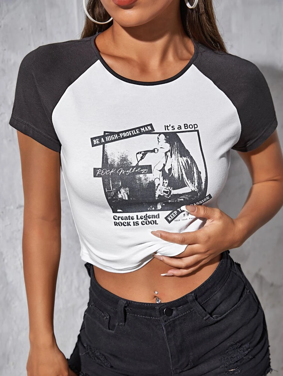 SHEIN EZwear Figure & Slogan Graphic Raglan Sleeve Crop Tee - White - View 1