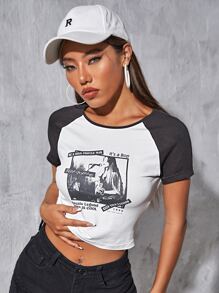SHEIN EZwear Figure & Slogan Graphic Raglan Sleeve Crop Tee - White - View 3