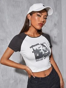 SHEIN EZwear Figure & Slogan Graphic Raglan Sleeve Crop Tee - White - View 5