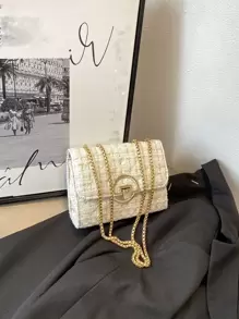 Tweed Shoulder Bag Elegant Metal Lock Crossbody Evening Clutch Purse Chain for Women White Lightweight, Portable Mini Tweed Plaid Pattern Flap Square Bag For Girls, Women, College Students, Rookies & White-collar Workers For Work, Office, Commute, College, Outdoors - White - View 2