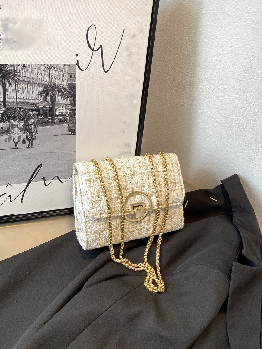 Tweed Shoulder Bag Elegant Metal Lock Crossbody Evening Clutch Purse Chain for Women White Lightweight, Portable Mini Tweed Plaid Pattern Flap Square Bag For Girls, Women, College Students, Rookies & White-collar Workers For Work, Office, Commute, College, Outdoors