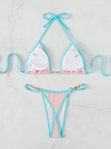 Swim Mod Bãi biển mùa hè Binding Trim Pearl Decor Chuỗi liên kết Halter Micro Bra Bikini - Màu Hồng baby - Xem 7