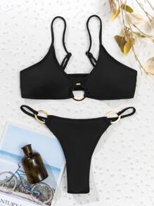 Bộ bikini xếp nếp liên kết vòng, cho kỳ nghỉ hè ở bãi biển - màu đen - Xem 3