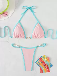 Swim Mod Bãi biển mùa hè Binding Trim Pearl Decor Chuỗi liên kết Halter Micro Bra Bikini - Màu Hồng baby - Xem 8