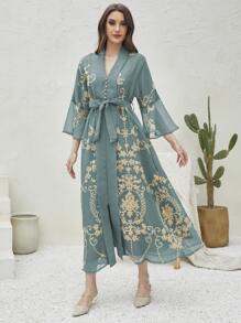 Al Najma 巴洛克印花荷叶边袖系带长袍端庄长袖阿拉伯连衣裙 - 青碧色 - 查看 1