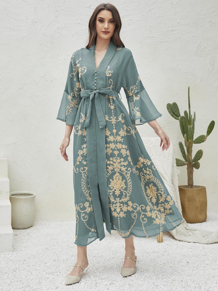 Al Najma 巴洛克印花荷叶边袖系带长袍端庄长袖阿拉伯连衣裙 - 青碧色 - 查看 1