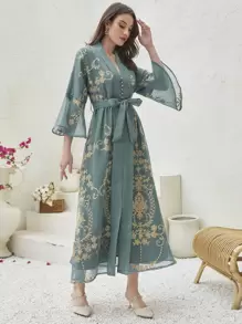 Al Najma 巴洛克印花荷叶边袖系带长袍端庄长袖阿拉伯连衣裙 - 青碧色 - 查看 5