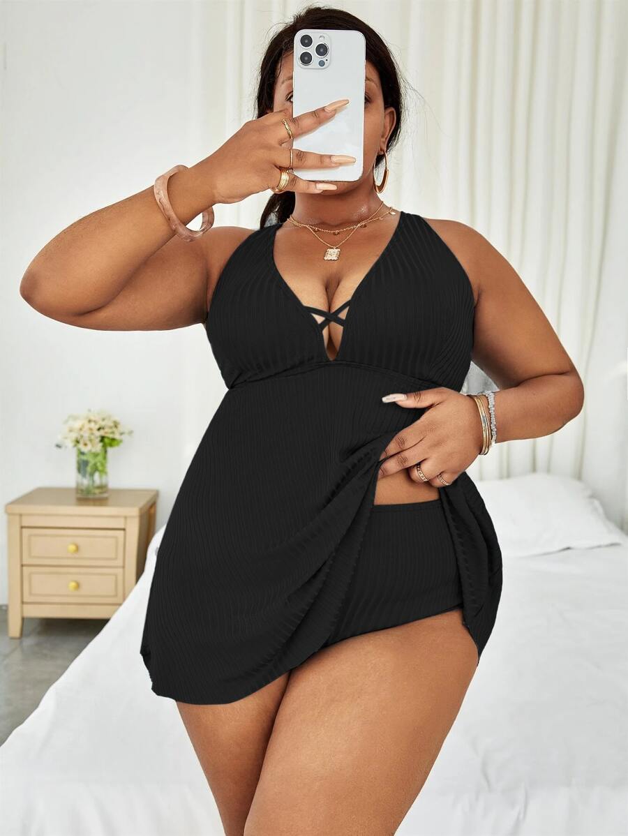 SHEIN Swim Curve Plus Size Ribbed Tankini Set Criss Cross Top & Tankini Bottom 2 Pieces Swimwear, For Summer Beach Vacation - Black - View 1
