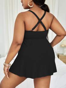 SHEIN Swim Curve Plus Size Ribbed Tankini Set Criss Cross Top & Tankini Bottom 2 Pieces Swimwear, For Summer Beach Vacation - Black - View 2
