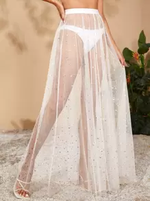 SHEIN VCAY 星星圖案透視網紗半身裙不帶內褲 - 白色 - 查看 1