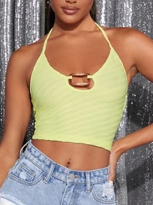 Top halter corto con abertura de espalda abierta con cordón - Amarillo - Ver 1