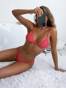 SHEIN Swim Summer Beach Ditsy Floral Bikini Set Triangle Bra Top & Thong 2 Pieces Bikini - Red and White - View 1