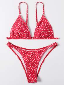SHEIN Swim Summer Beach Ditsy Floral Bikini Set Triangle Bra Top & Thong 2 Pieces Bikini - Red and White - View 4