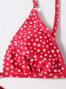 SHEIN Swim Summer Beach Ditsy Floral Bikini Set Triangle Bra Top & Thong 2 Pieces Bikini - Red and White - View 5
