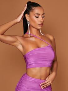 SHEIN BAE Falda con top unicolor fruncido asimétrico - Morado - Ver 4