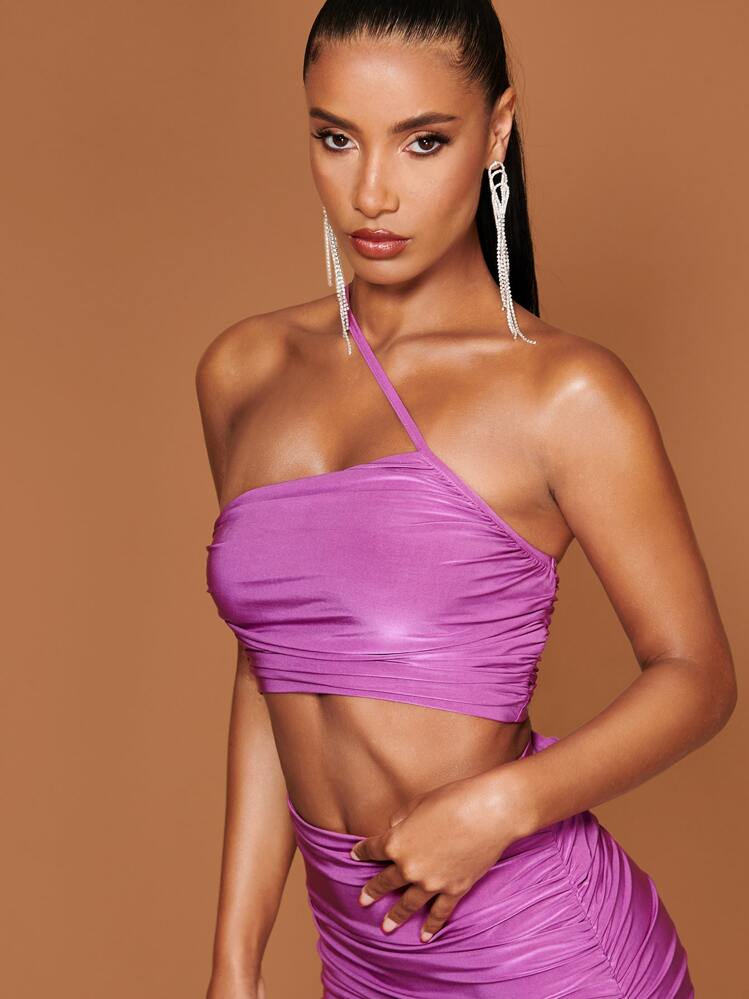 SHEIN BAE Solid Ruched Asymmetrical Top & Skirt - Purple - View 5