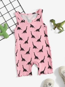 SHEIN Baby Girl Dinosaur Print Lettuce Hem Romper