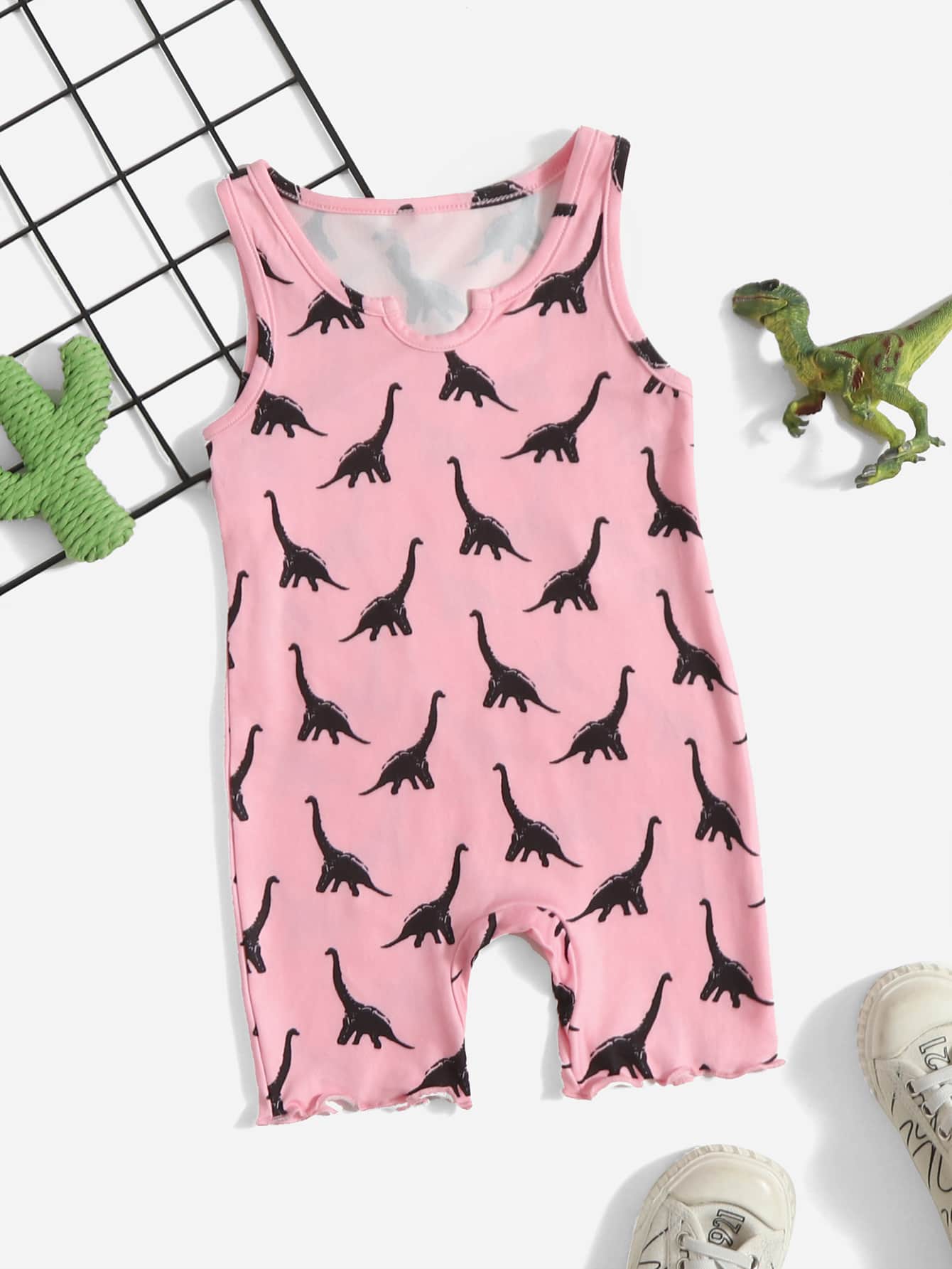 SHEIN Baby Girl Dinosaur Print Lettuce Hem Romper