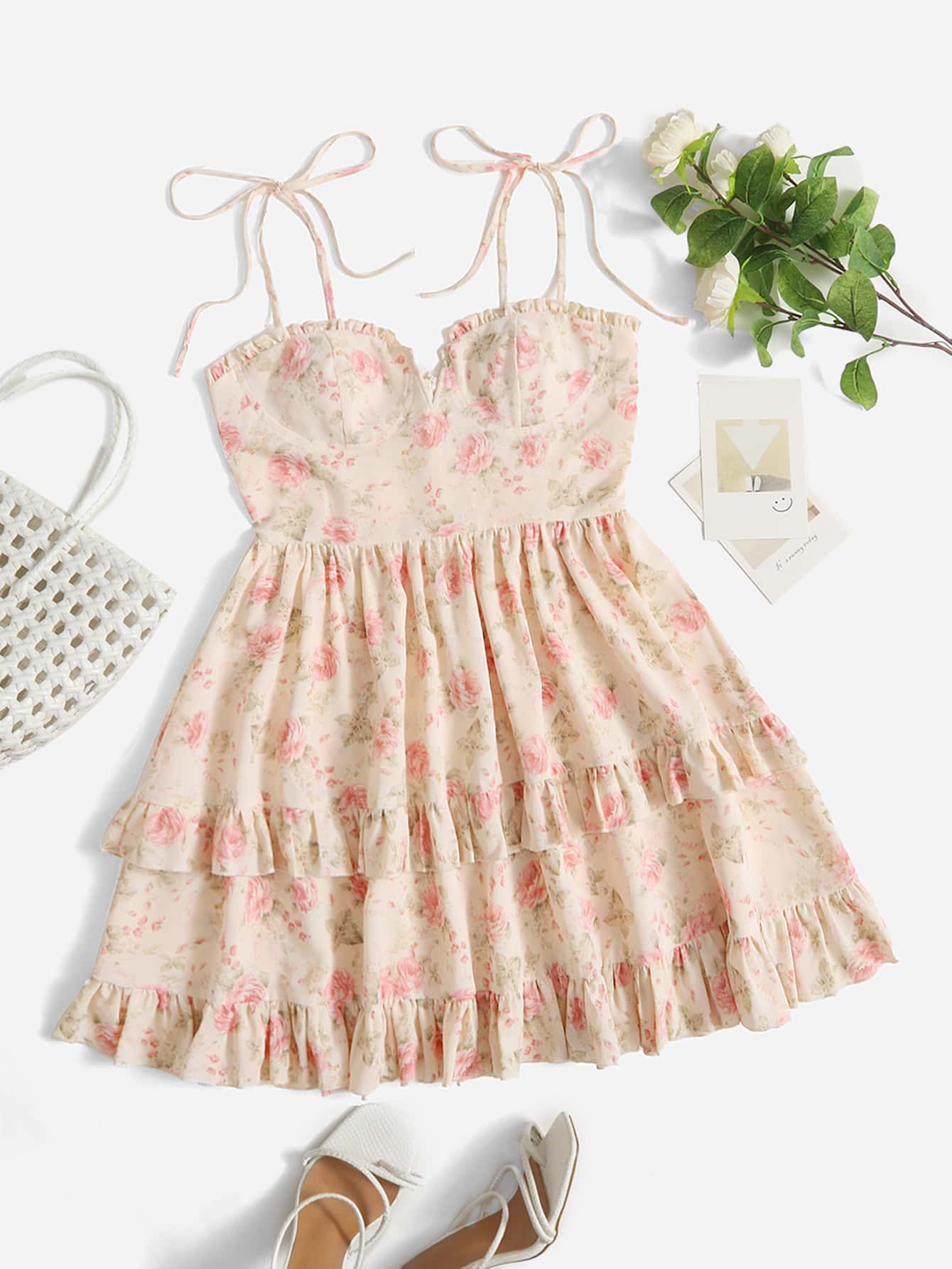 SHEIN MOD Đầm viền lá sen Thắt nút Viên lá sen Dây kéo Hoa Tất cả trên in Boho - Màu Hồng baby - Xem 1