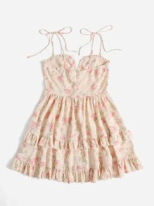 SHEIN MOD Đầm viền lá sen Thắt nút Viên lá sen Dây kéo Hoa Tất cả trên in Boho - Màu Hồng baby - Xem 2