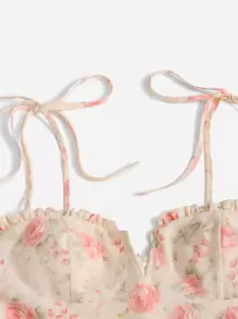 SHEIN MOD Đầm viền lá sen Thắt nút Viên lá sen Dây kéo Hoa Tất cả trên in Boho - Màu Hồng baby - Xem 5