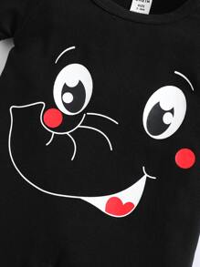 男嬰卡通圖案T恤連體褲和帽