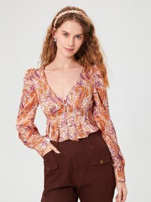SHEIN MOD 佩斯利印花泡泡袖褶皺短款襯衫 - 彩色 - 查看 1