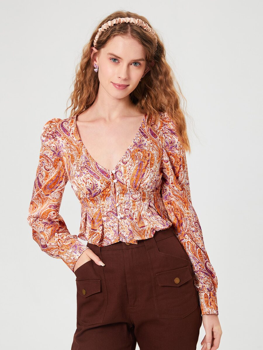 SHEIN MOD 佩斯利印花泡泡袖褶皺短款襯衫 - 彩色 - 查看 1