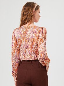 SHEIN MOD 佩斯利印花泡泡袖褶皺短款襯衫 - 彩色 - 查看 2