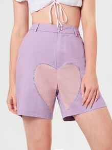 SHEIN MOD 水鑽細節愛心圖案短褲 - 紫丁香色 - 查看 3