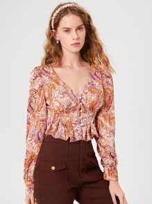 SHEIN MOD 佩斯利印花泡泡袖褶皺短款襯衫 - 彩色 - 查看 4