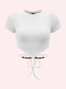 Bead Detail Tie Back Crop Tee - White - View 1