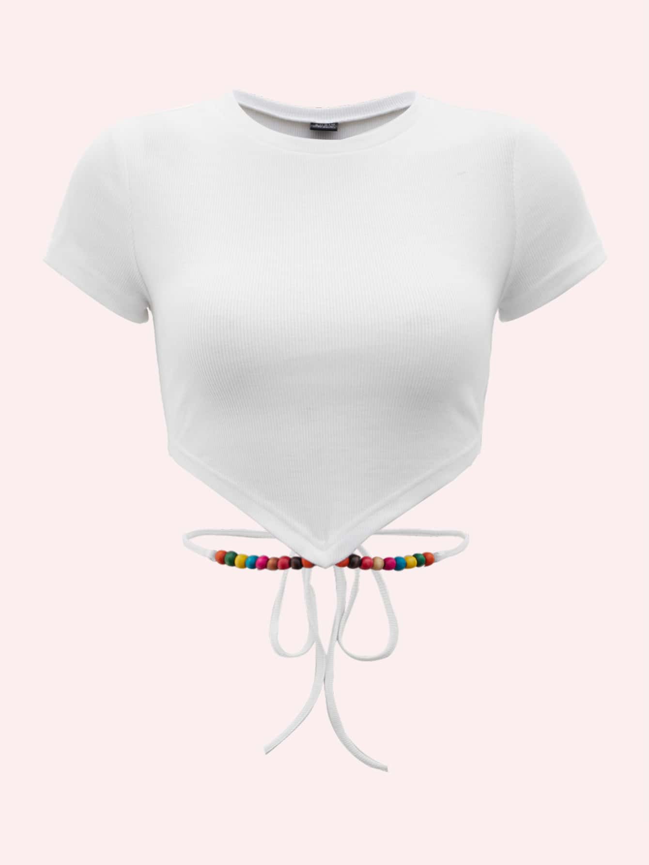 Bead Detail Tie Back Crop Tee - White - View 1
