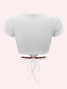 Bead Detail Tie Back Crop Tee - White - View 2