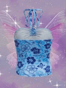 SHEIN ICON 90年代花卉和字母圖案串珠細節後綁帶掛脖上衣 - 藍色 - 查看 2
