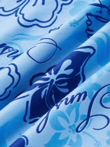 SHEIN ICON 90年代花卉和字母圖案串珠細節後綁帶掛脖上衣 - 藍色 - 查看 3